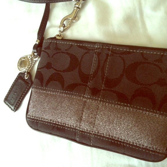 Cute black Coach wristlet with pewter stripe
