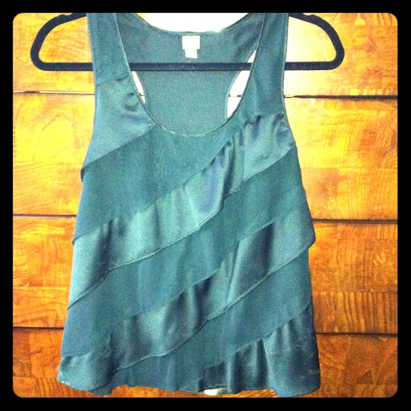Black sheer and silky ruffled tank top blouse.