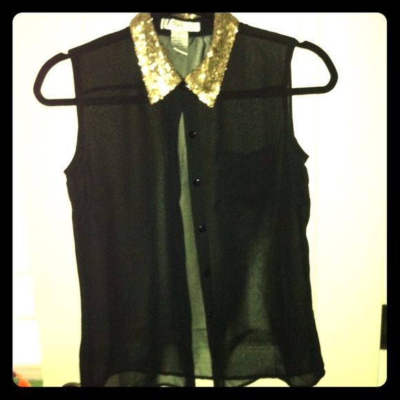Sheer black tank with an embellished gold collar