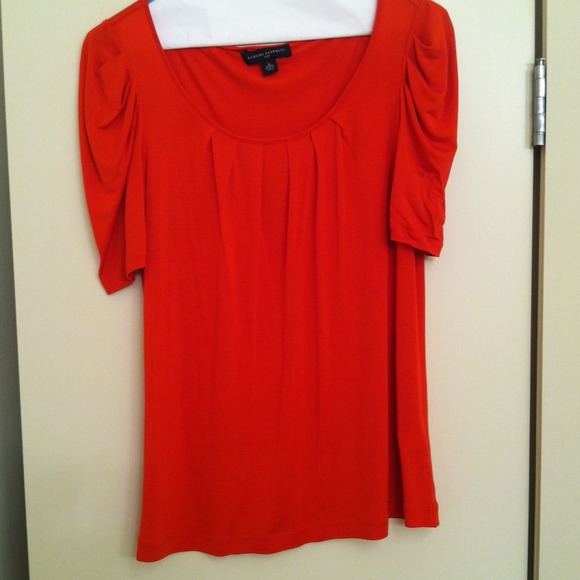 Tomato red silk top, short sleeve.