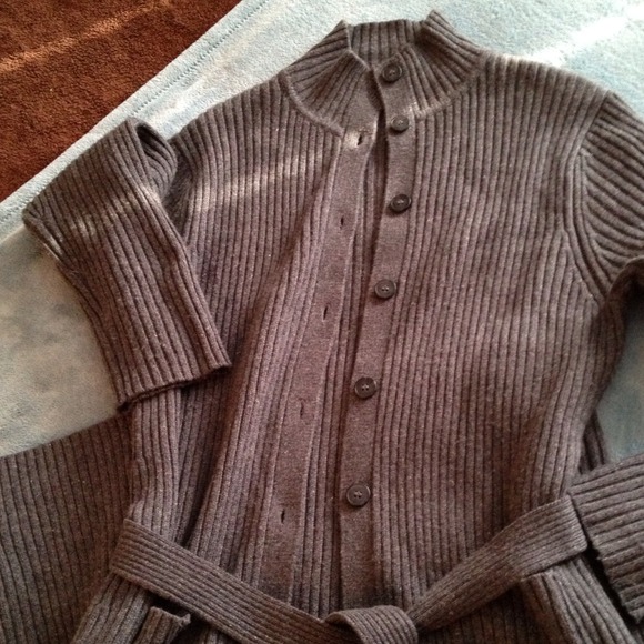 Lord and Taylor grey long belted sweater