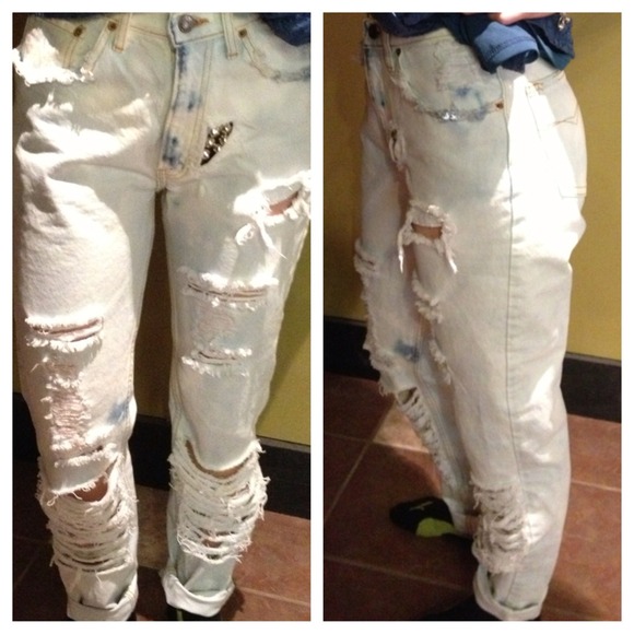 Studded and distressed patchwork boyfriend jeans