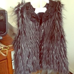 Cynthia Rowley Black Jeweled Shaggy Fur Vest
