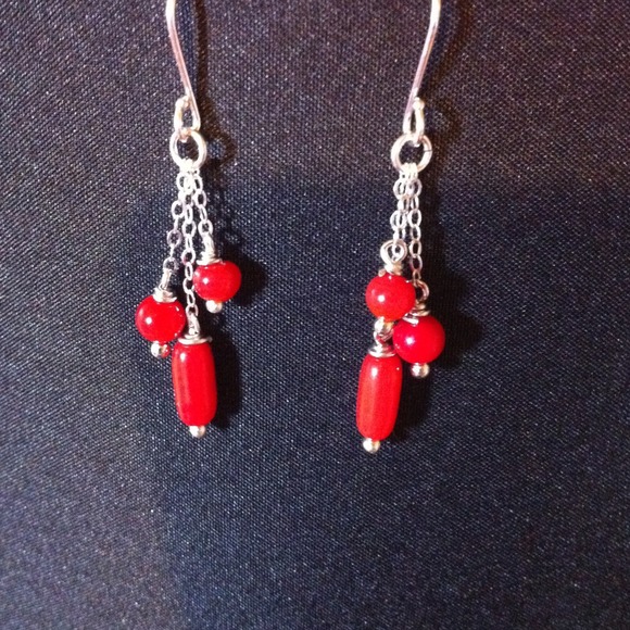 6) Red coral and sterling silver earrings