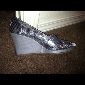 Silver sparkly Toms wedges