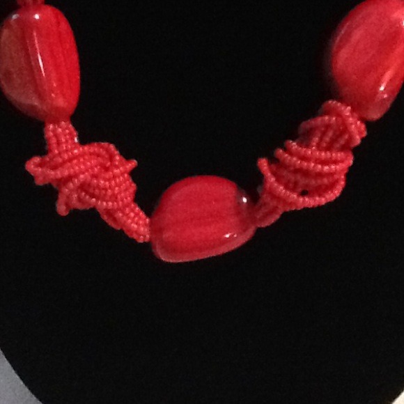 Red Beaded Statement Necklace - Picture 3 of 3