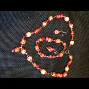 Handmade red stone and painted wood jewelry