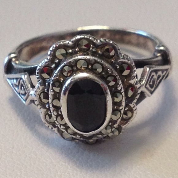 Sterling Silver Marcasite Onyx  Ring - Picture 1 of 4