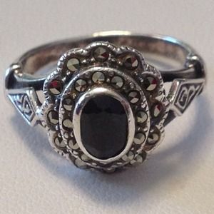 Sterling Silver Marcasite Onyx  Ring