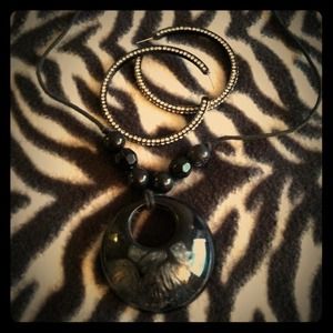Hoop Earrings and a black/grey swirl necklace