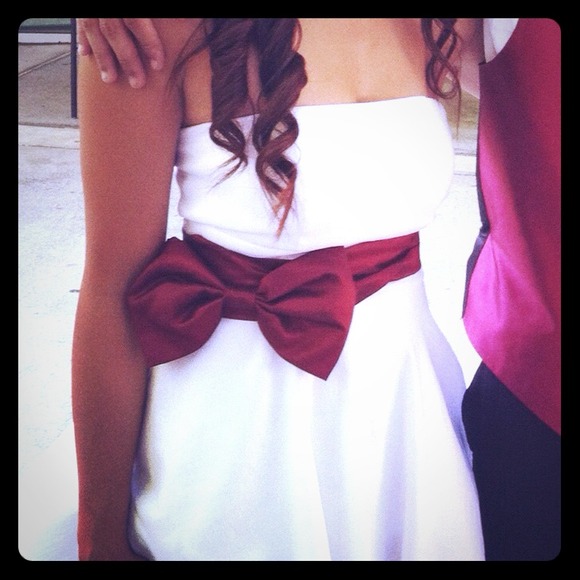 White dress with burgundy Bow ribbon