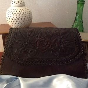 Expresso brown tooled leather clutch