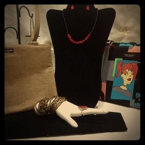 .925 SS Coral & Onyx Necklace w/ Earrings set only