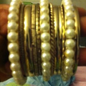 Gold & Pearl Gold Bangle Set