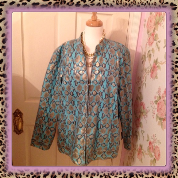 Turquoise And Gold Snakeskin Faux Leather Jacket