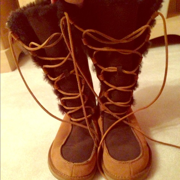 Brown and dark brown tall Ugg boots