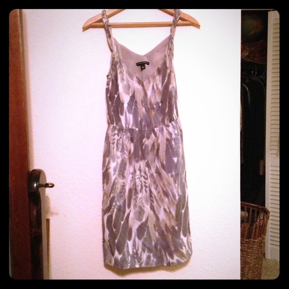 Feather watercolor gray print sheer dress.