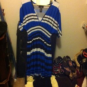 Black/Blue/White striped vneck dress