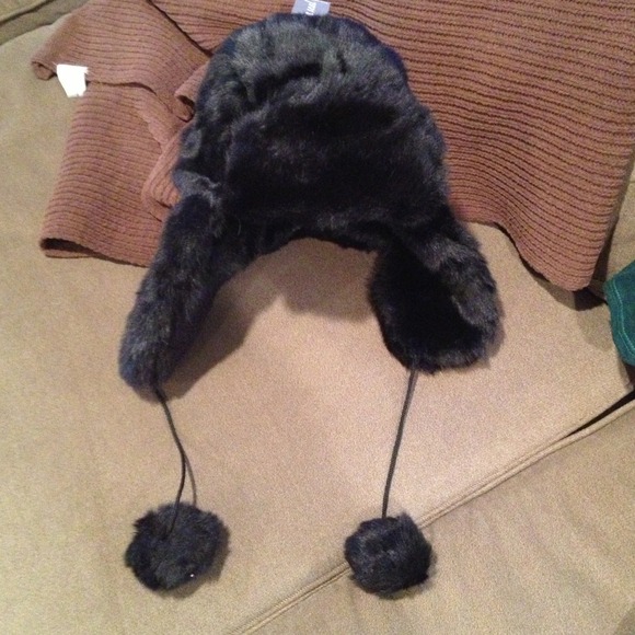 New! Warm Black faux fur trapper hat with Pom poms