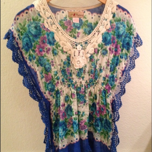 Cute colorful flower blouse with crochet trim