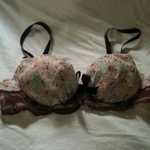 Floral-print bra with brown lace