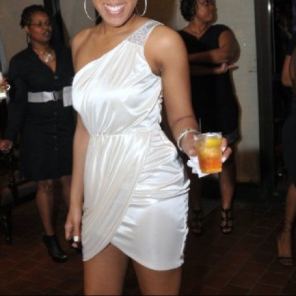 One shoulder bone white satin dress