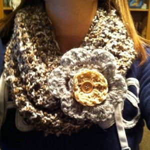 Earth tones cowl with grey & creme flower