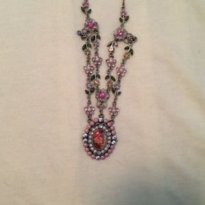 Necklace-silver costume jewelry-pink floral design