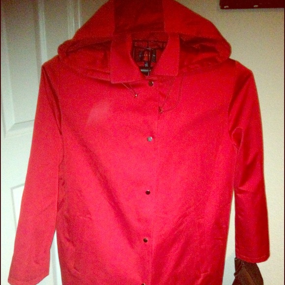 Red trench coat with hood