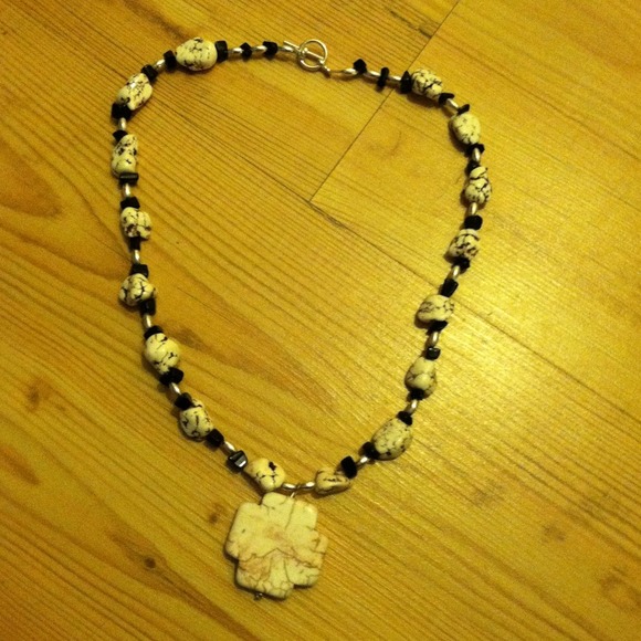 White and black stone cross necklace