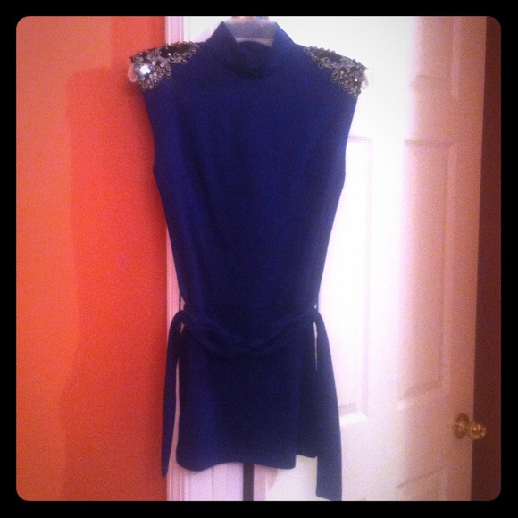 Blue sleeveless shirt dress w/rhinestone shoulders