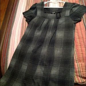 Gray Dress, orange pattern top and, denim skirt