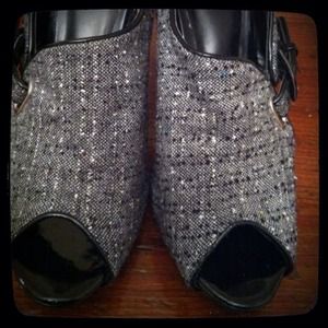 Tweed heels w/ fashion buckles/peep toes