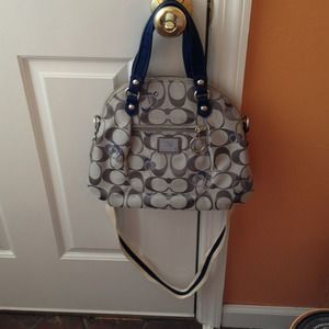 Coach bag gray fabric with silver and blue accents