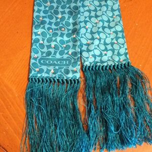 Coach teal blue silk scarf with fringe