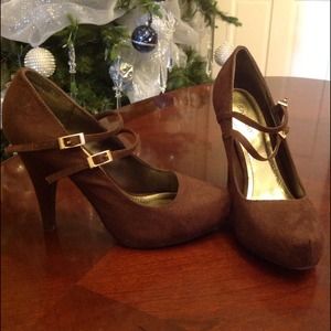 Brown, double strap, mary jane heels
