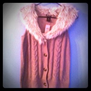 ANN TAYLOR Faux Fur Collar Knit Vest Small-Petite