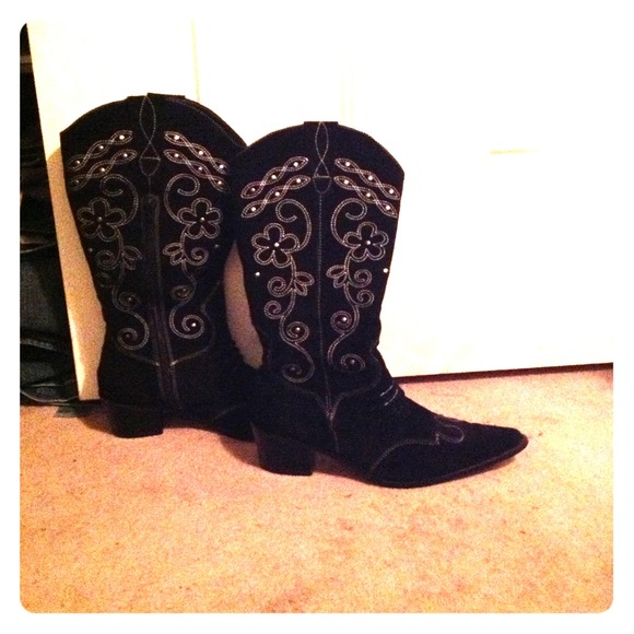 Black velvet silver sequin boots