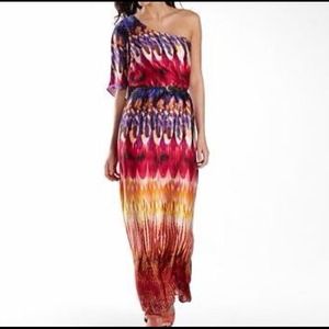 Bisou. One shoulder feather print maxi dress