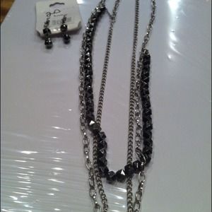 Long silver and black necklace W/matching earring