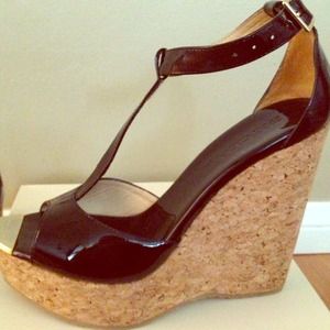Jimmy Choo patent leather t-strap wedge