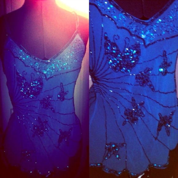 100% Silk Blue Sequins Butterfly Beaded Tank Top