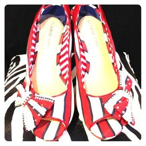 Gianni Bini sling back red, white, and blue pumps.