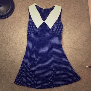 Dark blue polka dot dress with white collar
