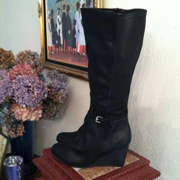 Boots - Boots -Faux leather with 3 1/2 wedge heel. Black