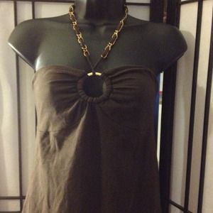 Brown halter dress with gold embellishments