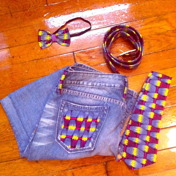 A pair of customized jeans, belt, bow tie & tie!