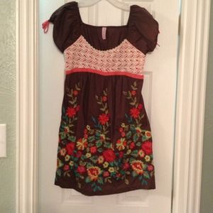 Brown dress with multi-colored flower embroidery