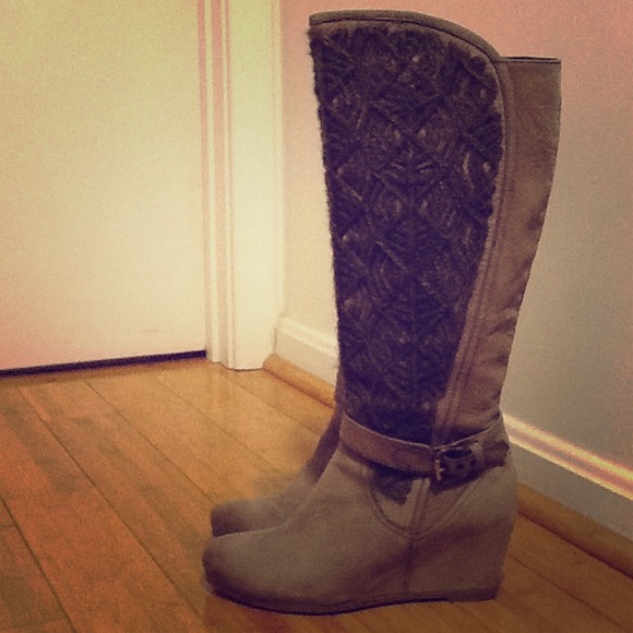 Napoleoni Shoes - Italian Designer Suede Taupe Wedge Knit Woven Boot