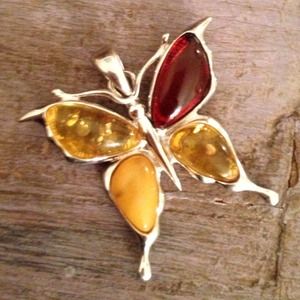 Baltic Amber and Sterling Silver butterfly pendant